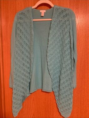Chico's Seafoam Knit Open-Front Crochet-Panel Cardigan
